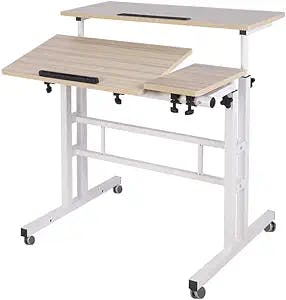 soges Rolling Standing Desk Height Adjustable, 31.5 inch Stand Up Computer Desk, Sit-Stand Tiltable Top Desk Laptop Stand for Small Spaces, Tall Table for Standing or Sitting, Maple