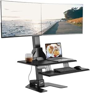 AVLT Dual 32" Monitor Electric Standing Desk Converter with Huge Keyboard Tray Extra Large 28"x 16" Spacious Tabletop Motorized Automatic Height Adjustable Sit to Stand Table Sturdy Small Footprint