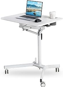 Mobile Sit Stand Desk - Height Adjustable Standing Laptop Desk Cart Rolling Couch Table on Wheels White Workstation with Gas Spring Riser for Home Office Classroom