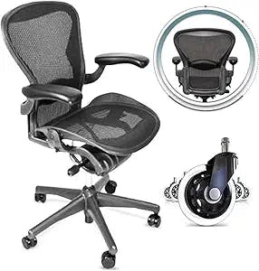 Aeron Herman Miller Office Chair Size B |10 Year Warranty | Fully Adjustable Arms| Tilt Limiter and Seat Angle Adjustment| Adjustable Lumbar Pad|Renewed| Free Footrest and Hardwood Rollerblade Wheels