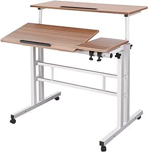 AIZ Adjustable Rolling Desk Cart on Wheels Home Office Computer Workstation, Portable Laptop Tall Table for Standing or Sitting, Oak
