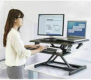 Seville Classics Airlift Height Adjustable Sit Desk Converter Workstation Standing Ergonomic Dual Monitor Riser with Keyboard Tray, Compact Rectangular 30", Midnight