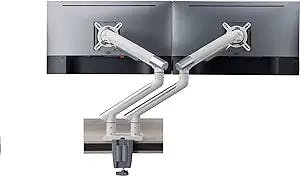 POUT Eyes 12 Dual Aluminum Monitor Arm - Fully Adjustable Full Motion Tilt Swivel Rotate Spring Desk Mount Stand - Clamp & Grommet Base - Holds Each Screen 4-20lbs 17-32 Inch Display (White/Silver)