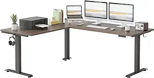 FEZIBO Triple Motor L-Shaped Electric Standing Desk, 75 Inches Height Adjustable Stand up Corner Desk, Sit Stand Workstation with Splice Board, Black Frame/Black Walnut Top