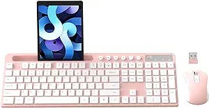 Wireless Keyboard and Mouse Combo, MARVO 2.4G Ergonomic Wireless Computer Keyboard with Phone Tablet Holder, Silent Mouse with 6 Button, Compatible with MacBook, Windows (Pink)
