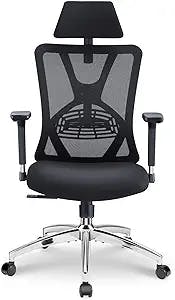 Ticova Ergonomic Office Chair - High Back Desk Chair with Adjustable Lumbar Support, Headrest & 3D Metal Armrest - 130° Rocking Mesh Computer Chair