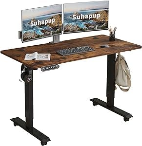 Suhapup Electric Height Adjustable Standing Desk, 48 x 24 inches Sit - Stand Desk for Work or Home Office Push Button Memory Settings Rustic Brown Splice Board/Black Frame
