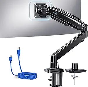 HUANUO Single Monitor Arm, Gas Spring Monitor Mount Stand, Ultrawide Vesa Mount with Clamp and Grommet Base for 13 to 35 LCD Computer Screen, Upgraded Desk Arm with USB, Arm Holds 4.4 to 26.4 lbs