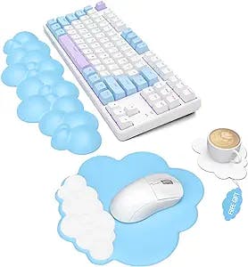 MANBASNAKE Cloud Mouse Pad Wrist Support Keyboard Wrist Rest Set with Ergonomic Memory Foam,Non-Slip Base,Cloud Coasters for Home,Office,Laptop,Desktop Computer,Easy Typing Pain Relief Blue/White