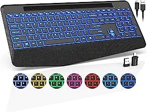 Trueque Wireless Keyboard with 7 Colored Backlits, Wrist Rest, Phone Holder, Rechargeable Ergonomic Computer Keyboard with Silent Keys, Full Size Lighted Keyboard for Windows, MacBook, PC, Laptop