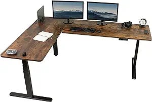 VIVO Electric Height Adjustable 83 x 60 inch Corner Stand Up Desk, 2 Rustic Vintage Brown Solid Table Tops, Black Frame, L-Shaped Standing Workstation, DESK-KIT-3E8N