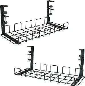 No Drill Under Desk Cable Management Tray 2 Pack, Under Desk Cord Organizer, Metal Wire Cable Holder for Desks and Offices, No Need to Drill Holes