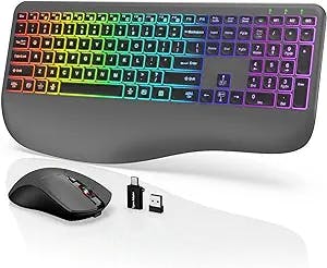 Wireless Keyboard and Mouse Combo with 7 Colors Backlit, Wrist Rest, 2.4G Rechargeable Ergonomic Full Size Light Up Wireless Keyboard and Mouse Set for Computer, PC, Mac, Laptop, Chromebook (Grey)