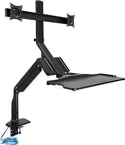 Mount-It! Dual Monitor Sit Stand Workstation with Gas Spring Arm | Height Adjustable Standing Desk Converter | 2 Integrated USB 3.0 Ports | VESA 75 100 | C-Clamp and Grommet Base