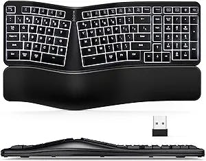 TANNSEN Backlit Wireless Ergonomic Keyboard USB Split Keyboard with Wrist Rest and Comfortable Typing, 104 Keys, 10 Shortcuts for Windows, Mac and Laptop PC Computer