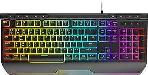Qwecfly Gaming Keyboard RGB Wired Customized Backlit, 9 Dedicate Multimedia Keys, Full Size Keyboard with Ergonomic Wrist Rest, 26 Anti-ghosting Keys for PC, Laptop, Gamer