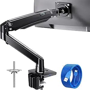 HUANUO Single Monitor Arm, Gas Spring Monitor Desk Stand, Adjustable Swivel Mount with USB, Vesa Bracket with C Clamp/Grommet Mounting Base, Fit 13-35" Computer Screen, Arms Holds 4.4lbs to 26.4lbs