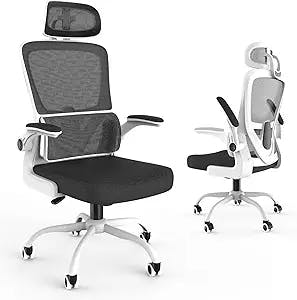 Laziiey Home Office Desk Chairs Ergonomic Chair with Lumbar Support Flip Up Arms Mesh Computer Chair with Comfortable Wide Seat Adjustable Headrest (White)