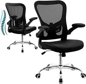 X XISHE Office Chair,PU Cushion Ergonomic Desk Chair,Mesh Mid Back Height Computer Chair,Flip-up Armests Home Computer Chair,Adjustable Lumbar Support Task Chair with Soft Seat,Black