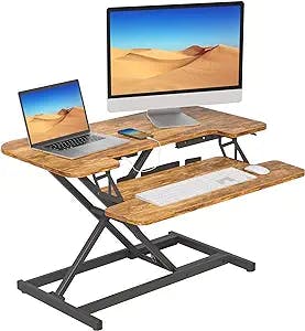 FEZIBO 32” Height Adjustable Standing Desk Converter with USB Charging Port, Quick Sit to Stand Tabletop Dual Monitor, Stand Up Desk Riser for Home Office, Rustic Brown