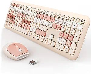 Wireless Keyboard and Mouse Combo, Colorful Ergonomic Full Size Retro Low-Noise Keyboard with Cute keycaps, Compatible with Windows, PC, Perfer for Home and Office Keyboards (Brown)
