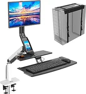 1home BONTEC Single Monitor Sit-Stand Workstation with Arm Suspended Keyboard Tray, Adjustable Height Standing Desk Converter, USB Charging Port, VESA 75x75/100x100 mm, Holds Screen up to 27 inches