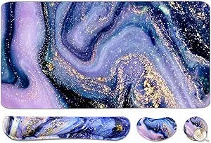4-in-1 Large Gaming Mouse Pad, Keyboard Wrist Rest Pad & Wrist Support Mousepad Set, Extended Desk Pad Waterproof Desk Mat for Home Office Study Game - Purple Marble