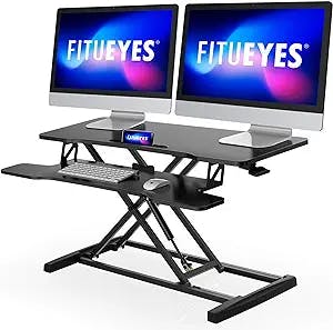 FITUEYES Height Adjustable Standing Desk 36” Wide Sit to Stand Converter Stand Up Desk Tabletop Workstation for Dual Monitor Riser FSD309101WB