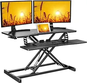 HUANUO Quick Sit to Stand Desktop Gas Spring Riser (Max Height:19.3inch), 32 inch Height Adjustable Standing Desk Converter for Dual Computer Monitors & Laptop Workstation, Perfect Home Office