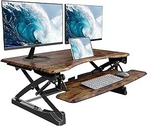 Joy Seeker Standing Desk Converter 35 Inches Height Adjustable Sit to Stand Desk Riser Dual Gas Springs Stand up Desk with Wide Keyboard Tray for Laptops Dual Monitor Riser Workstation, Rustic Brown