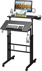 Klvied Mobile Standing Desk with Cup Holder, Portable Stand Up Desk, Adjustable Height Small Standing Desk, Rolling Desk with Wheels, Home Office Laptop Cart, Computer Desk for Standing or Sitting