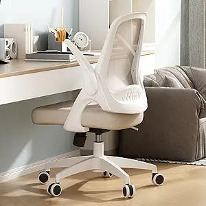 Hbada Home Office Desk Chair with Flip Up Arm, Breathable Mesh Back Lumbar Support Task Chair, Ergonomic Office Chair with Adjustable Height & PU Wheels, Swivel Computer Desk Chair, Beige