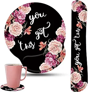 Keyboard Wrist Rest and Mouse Pad Wrist Support Set with Coasters,Ergonomic Gaming Mousepad for Home Office Working Studying Easy Typing & Pain Relief,You Got This Adorable Peony Flower