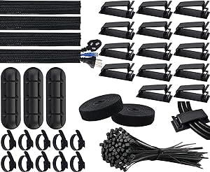 SOULWIT Cable Management Kit, 4 Wire Organizer Sleeve, 3 Cable Holder, 10+2 Cable Organization Straps, 15 Large Cord Clips, 100 Cable Ties for TV PC Computer Under Desk Office