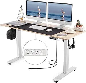 farexon Electric Standing Desk, 55 x 24 inch Adjustable Height Stand Up Desk with 2 USB Ports & 3 Power Outlets, and 6.5 ft Power Cord, Sit Stand Desk with Double Crossbeam Structure, Oak
