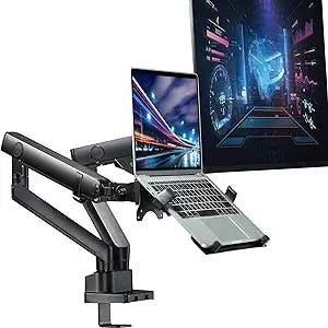 AVLT Laptop and Monitor Stand - Mount 15.6" Notebook and 32" Monitor on 2 Full Motion Adjustable Arms - Organize Your Work Surface with Ergonomic VESA Monitor Mount