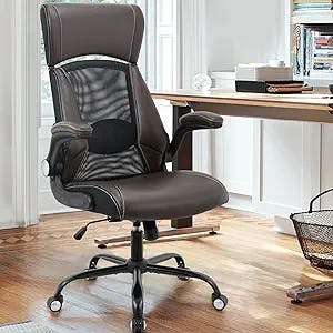 Executive Office Chair, Ergonomic Leather Desk Chair - Widened Adjustable Headrest with Flip-Up Arms, High Back Computer Swivel Task Chair with Lumbar Support for Home Office, Brown (Brown, Large)