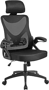 Yaheetech Ergonomic Mesh Office Chair, High Back Desk Chair with with flip-up Armrests, Adjustable Padded Headrest Computer Chair with Lumbar Support for Home Oiffce Game Room, Black