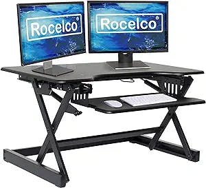 Rocelco 32" Height Adjustable Desk Converter, Sit Stand Computer Workstation Riser, Dual Monitor Retractable Keyboard Tray Gas Spring Assist, (R EADRB2), Black