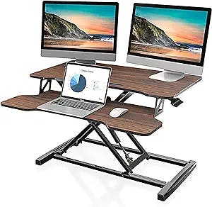 FITUEYES Height Adjustable Standing Desk 32” Wide Sit to Stand Converter Stand Up Desk Tabletop Workstation for Laptops Dual Monitor Riser Brown SD308002WE