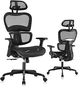 SUNNOW Ergonomic Office Chair - High Office Mesh Chair with 3D Lumbar Support, Adjustable Headrest & Sliding Armrest, Computer Gaming Chairs, Swivel Executive Chairs for Home Office Work
