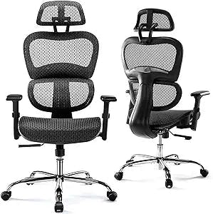 Ergonomic Office Desk Chair, Swivel Task Chair with Adjustable Headrest and Arms, Comfy Computer Mesh Chair for Home Office Adjustable Height(Black)
