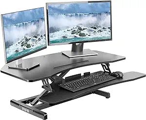 VIVO Corner Height Adjustable 37 inch Standing Desk Converter, Quick Sit to Stand Tabletop Dual Monitor Riser Workstation, DESK-V037MC