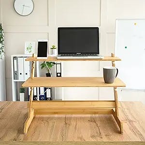 Crew & Axel Standing Desk Converter Bamboo Adjustable Sit Stand Desk Riser - Great for Laptops, Monitors Home or Office 19" High 26" Wide with Tablet & Phone Stand