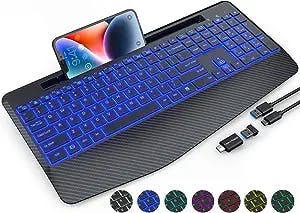 SABLUTE Wireless Keyboard with 7 Colored Backlits, Wrist Rest, 2.4G Computer Lighted Keyboard with Phone Holder, Rechargeable Full Size Ergonomic Keyboard with Silent Keys for MacBook, PC, Laptop