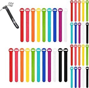 Self-Gripping Cable Ties by Wrap-It Storage, Multi-Color, 40 Pack (5 Inch and 8 Inch Straps) – Reusable Hook and Loop Cord Keeper, Cable Wrappers for Cord Management and Home Office Desk Organization