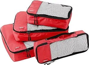 Amazon Basics 4 Piece Packing Travel Organizer Cubes Set, Red