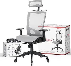 Nouhaus ErgoTASK – Ergonomic Task Chair, Computer Chair and Office Chair with Headrest. Rolling Swivel Chair with Rollerblade Wheels (Grey)