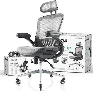 Nouhaus ErgoFlip Mesh Computer Chair - Grey Rolling Desk Chair with Retractable Armrest and Blade Wheels Ergonomic Office Chair, Desk Chairs, Executive Swivel Chair/High Spec Base